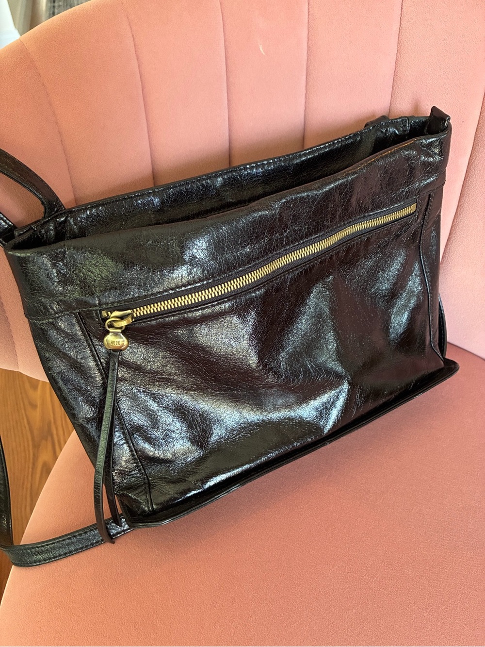 HOBO Black Patent Leather Crossbody with Gold Zip